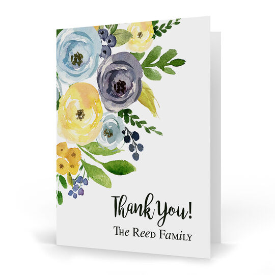Yellow and Blue Corner Flowers Vertical Folded Note Cards